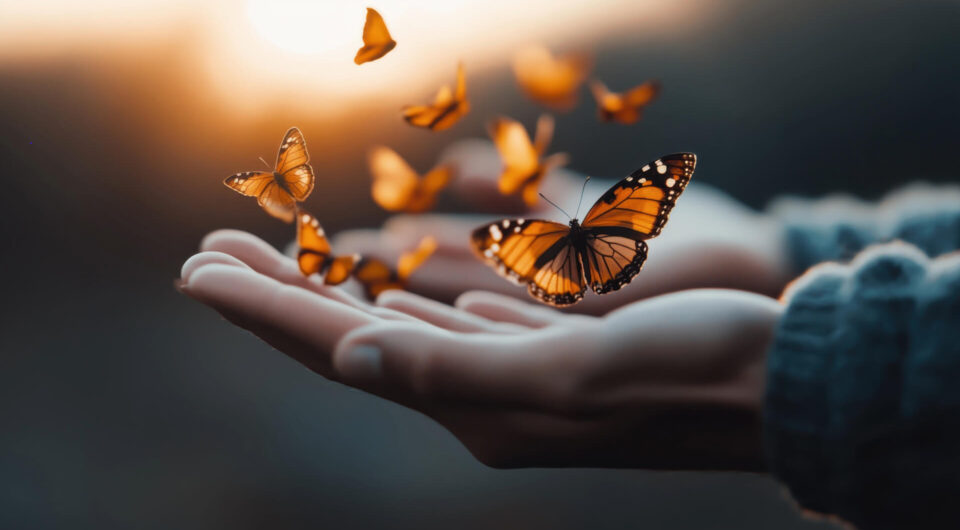 Schmetterlinge als Symbol für Regeneration und Gesundheitsförderung – Leistungsangebot Health 4 Me Aufklärungs- und Angebotsgespräch - Ein Symbolbild mit mehreren orangefarbenen Schmetterlingen, die sanft aus einer geöffneten Hand fliegen, unterstrichen von einem warmen Licht im Hintergrund. Ausdruck von Regeneration, Leichtigkeit und Transformation, passend zum Leistungsangebot im Bereich Gesundheit und Prävention.