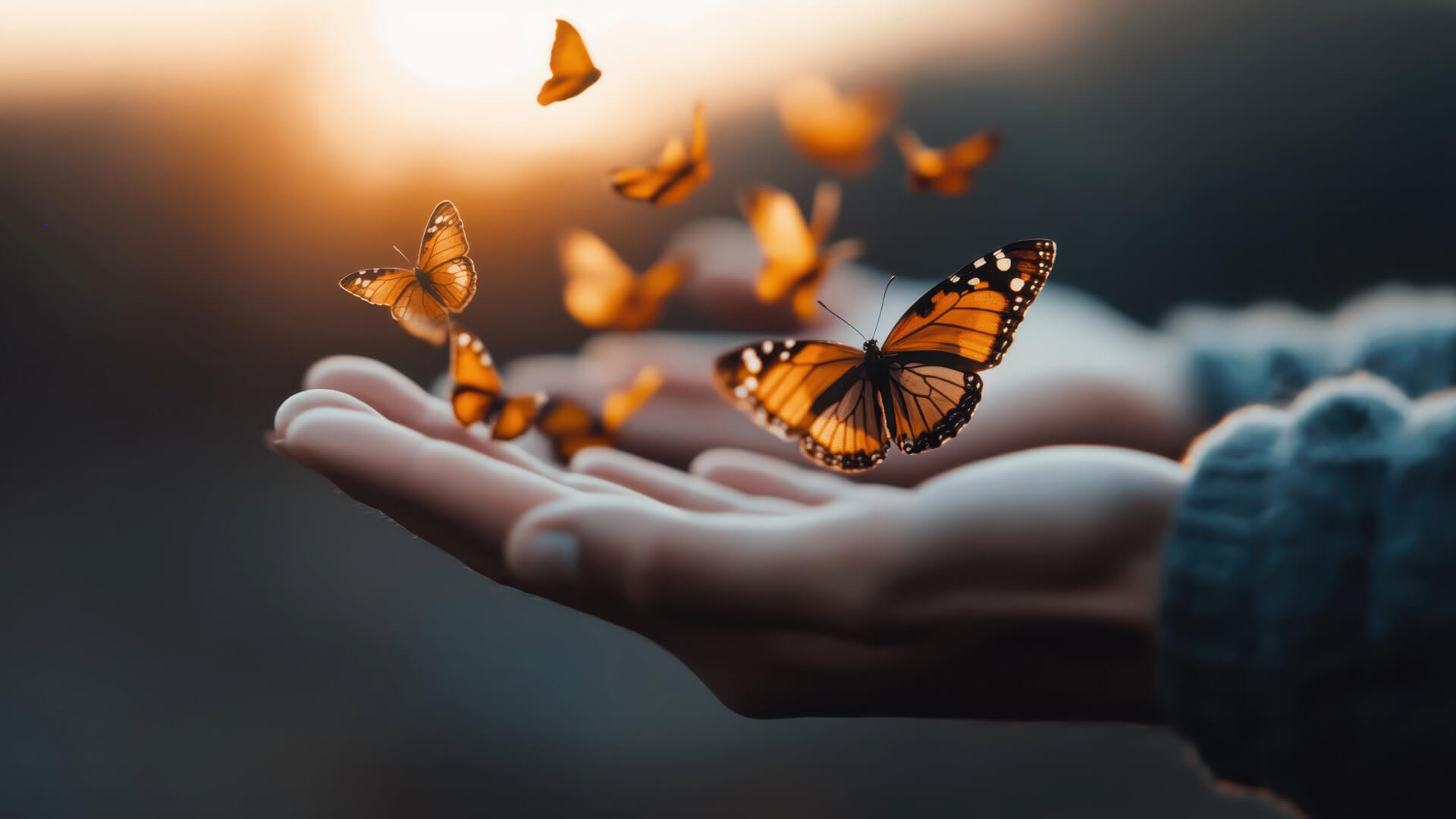 Aufklärungs- und Angebotsgespräch - Ein Symbolbild mit mehreren orangefarbenen Schmetterlingen, die sanft aus einer geöffneten Hand fliegen, unterstrichen von einem warmen Licht im Hintergrund. Ausdruck von Regeneration, Leichtigkeit und Transformation, passend zum Leistungsangebot im Bereich Gesundheit und Prävention.