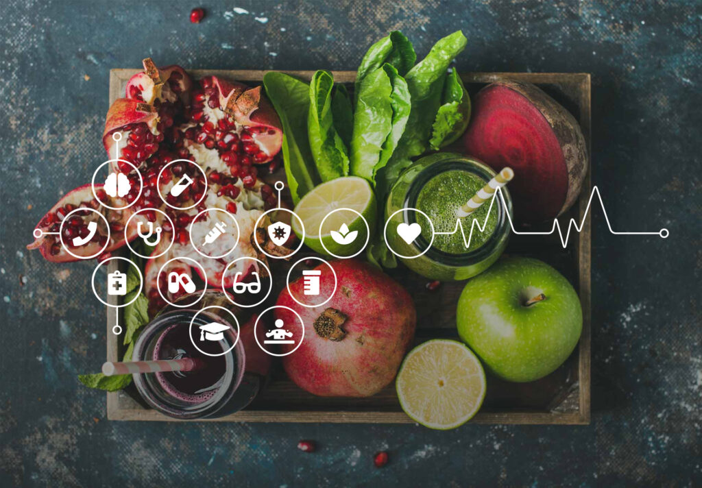 Detox PowerBags – Frisches Obst und Gemüse symbolisieren eine natürliche Unterstützung für den Körper bei der Entgiftung.
