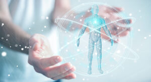 Maßgeschneidertes Health 4 Me Paket – Darstellung eines menschlichen Körpers in einer futuristischen, medizinischen Grafik zur Symbolisierung ganzheitlicher Gesundheitsansätze und innovativer Diagnostik.