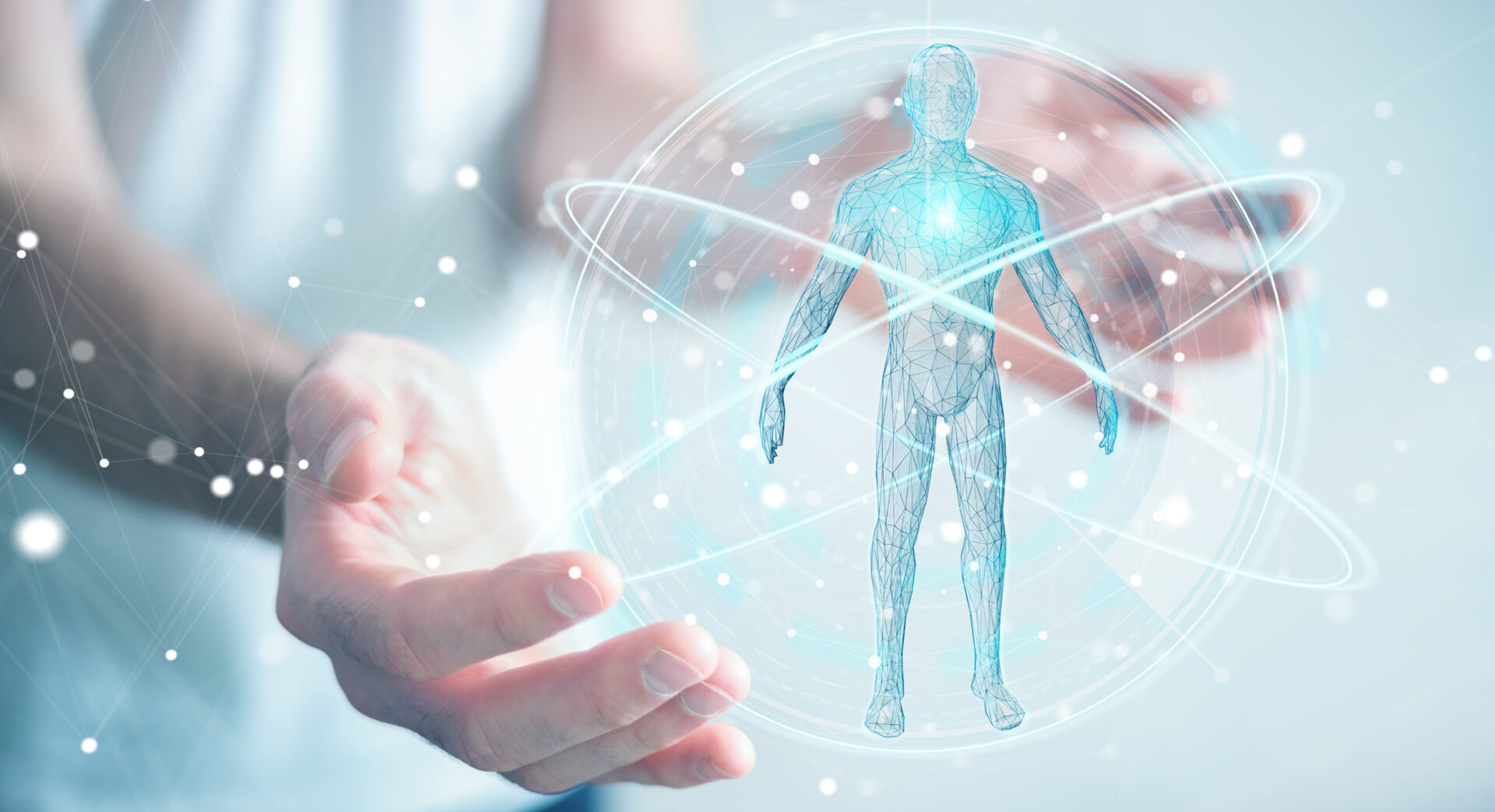 Maßgeschneidertes Health 4 Me Paket – Darstellung eines menschlichen Körpers in einer futuristischen, medizinischen Grafik zur Symbolisierung ganzheitlicher Gesundheitsansätze und innovativer Diagnostik.