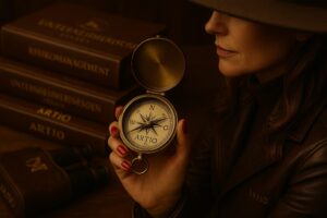 a compass held in a female hand with red fingernails with books in the background saying "Artio"