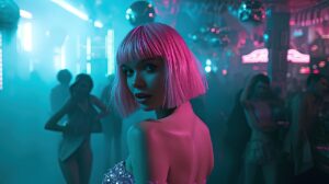 a woman with pink hair celebrating in a club