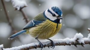a bird sitting on a tree after snowfall in the cold winter - resilient due to the weather