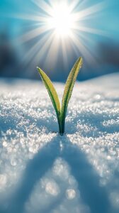 a sprout in spite of a thik layer of snow, the sun shining on it - resilient to the coldness