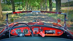 Oldtimer with a red amatur driving along an allee