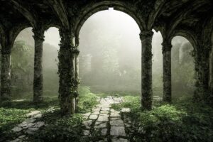 a temple with lots of nature growing it